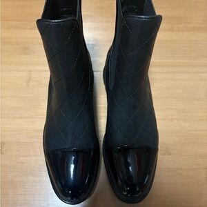 CHANEL Black Quilted Leather Ankle Booties with Patent Toe